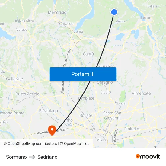Sormano to Sedriano map