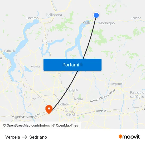 Verceia to Sedriano map
