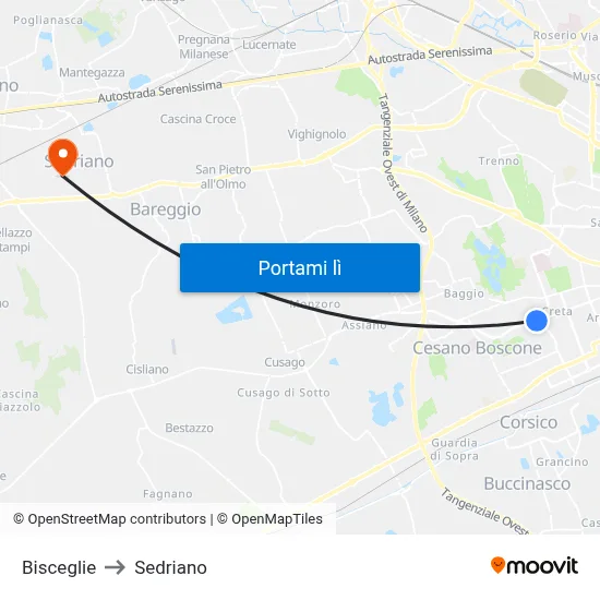 Bisceglie to Sedriano map