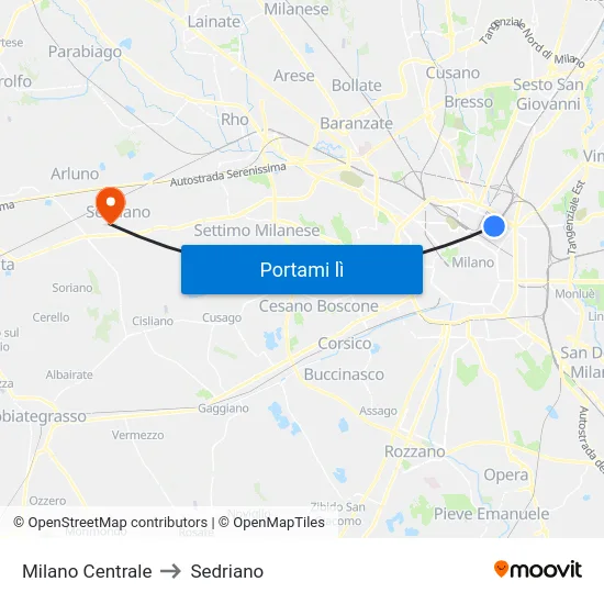 Milano Centrale to Sedriano map