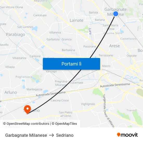 Garbagnate Milanese to Sedriano map