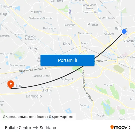 Bollate Centro to Sedriano map