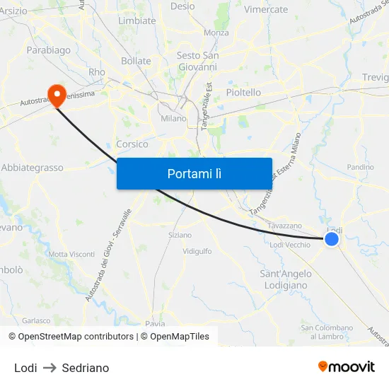 Lodi to Sedriano map