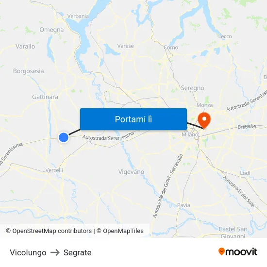 Vicolungo to Segrate map