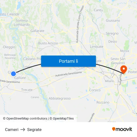 Cameri to Segrate map