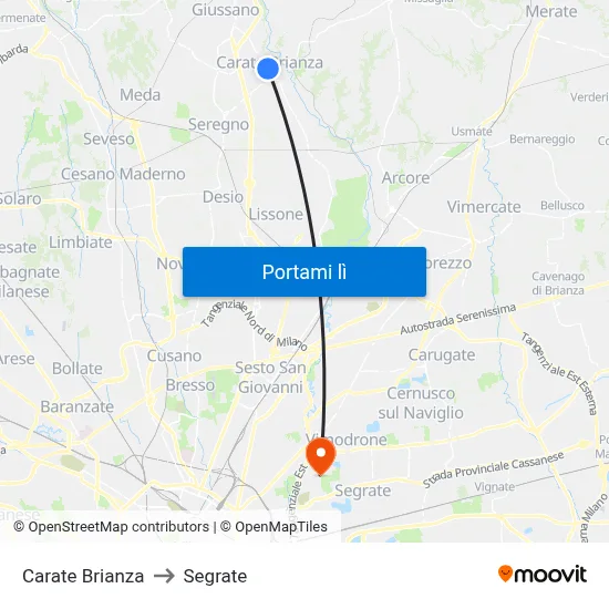 Carate Brianza to Segrate map