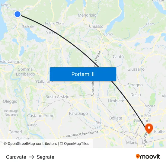 Caravate to Segrate map