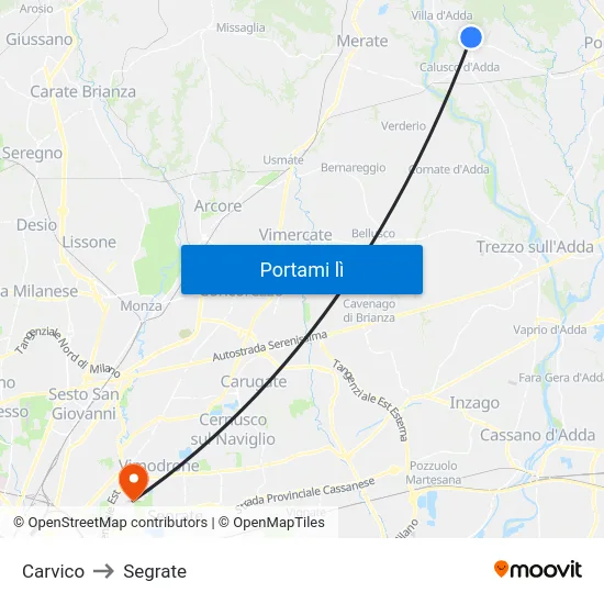 Carvico to Segrate map