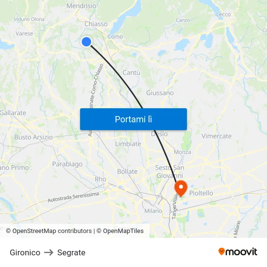 Gironico to Segrate map