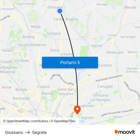 Giussano to Segrate map