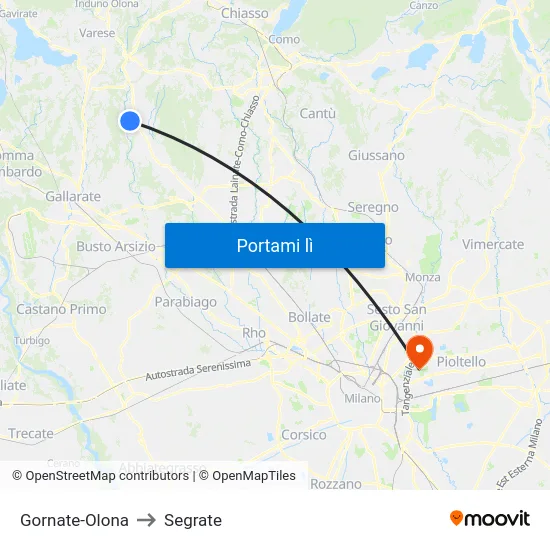 Gornate-Olona to Segrate map