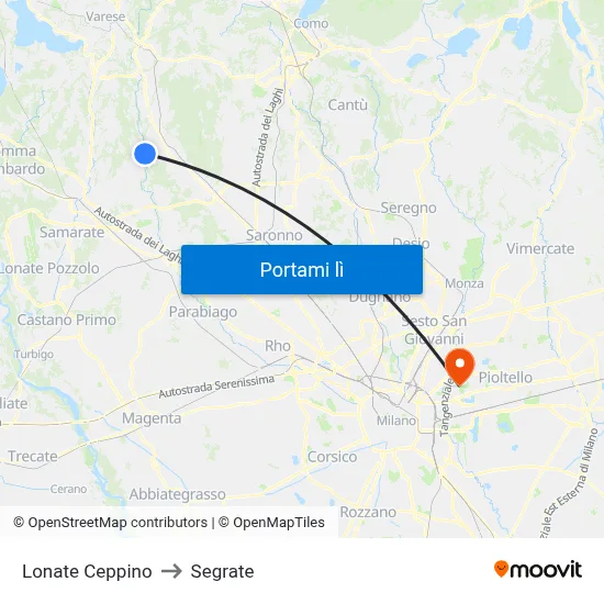 Lonate Ceppino to Segrate map