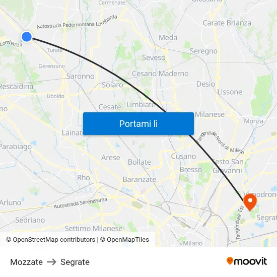 Mozzate to Segrate map