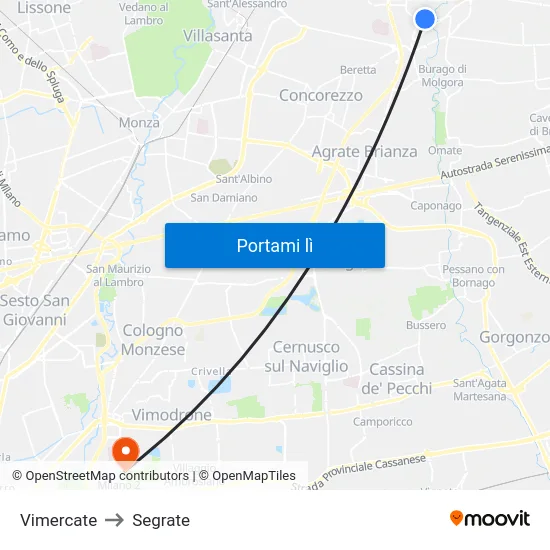 Vimercate to Segrate map