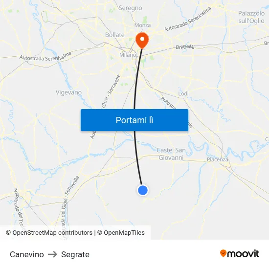 Canevino to Segrate map