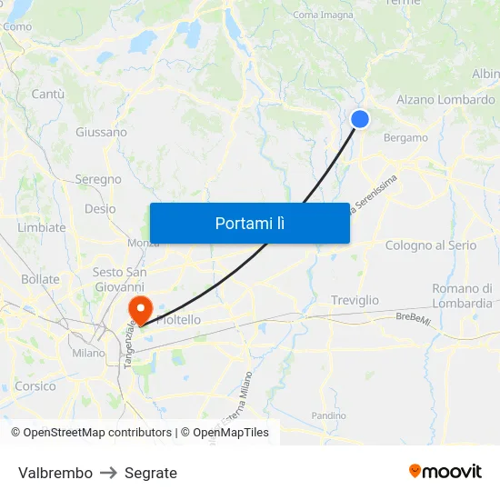 Valbrembo to Segrate map