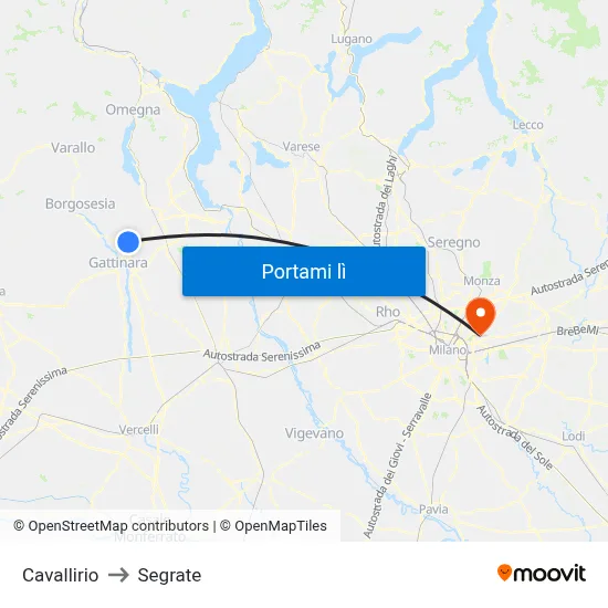 Cavallirio to Segrate map