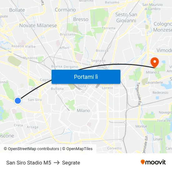 San Siro Stadio M5 to Segrate map