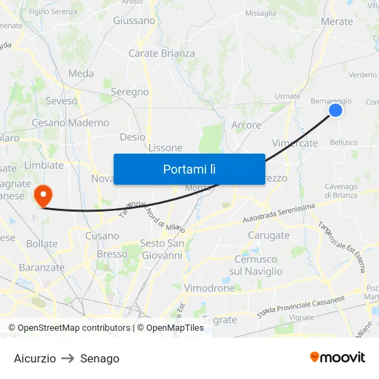 Aicurzio to Senago map