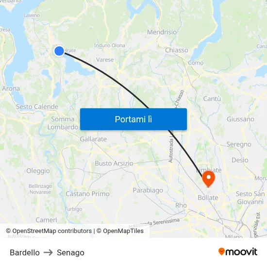 Bardello to Senago map