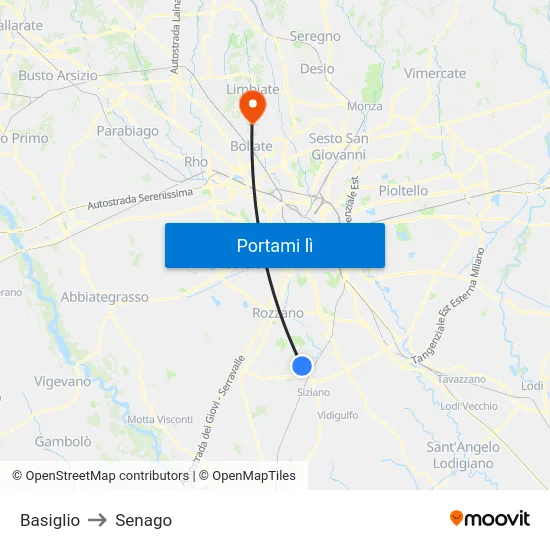 Basiglio to Senago map