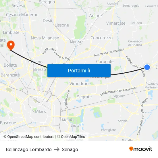 Bellinzago Lombardo to Senago map