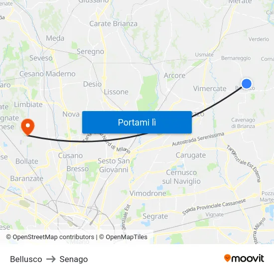 Bellusco to Senago map