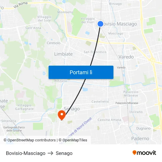Bovisio-Masciago to Senago map