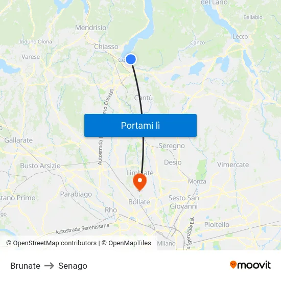 Brunate to Senago map