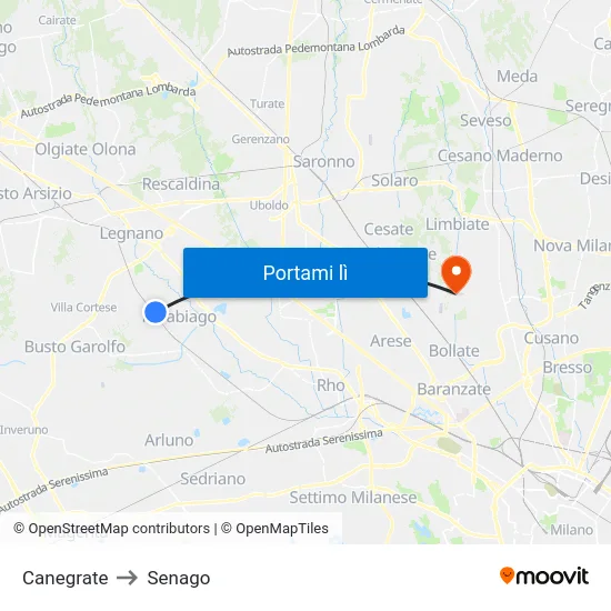 Canegrate to Senago map