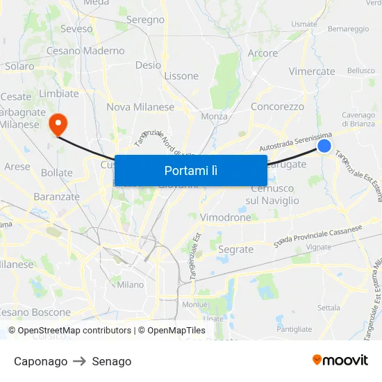 Caponago to Senago map
