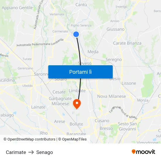 Carimate to Senago map