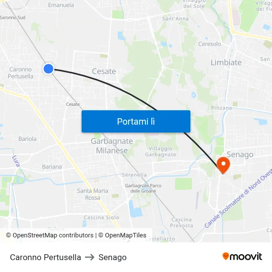 Caronno Pertusella to Senago map