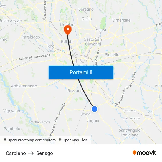 Carpiano to Senago map
