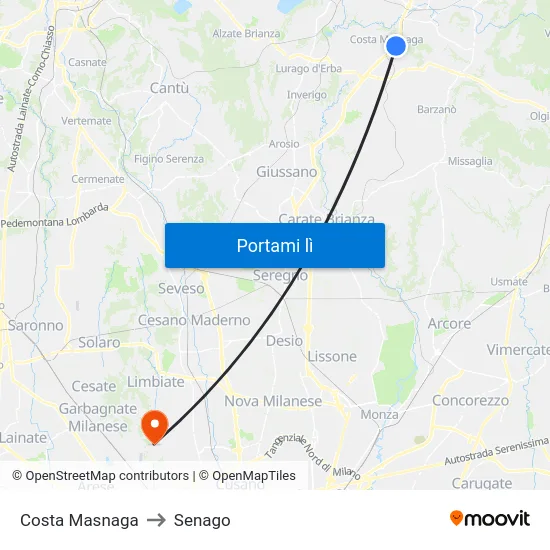 Costa Masnaga to Senago map