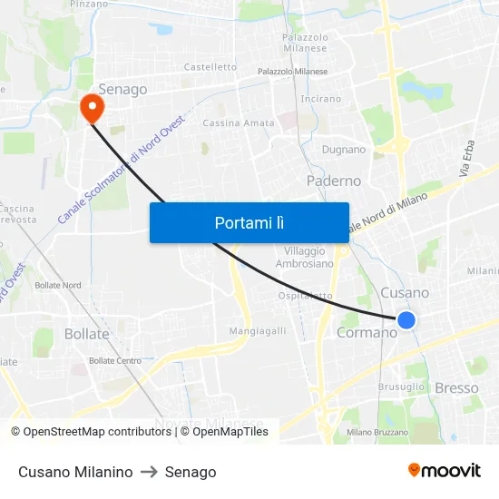 Cusano Milanino to Senago map