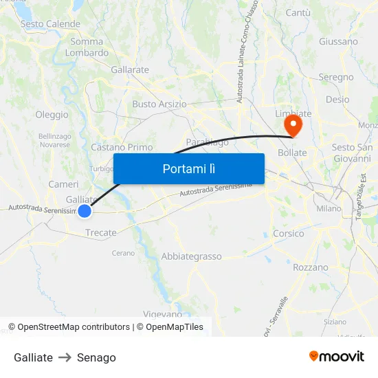 Galliate to Senago map