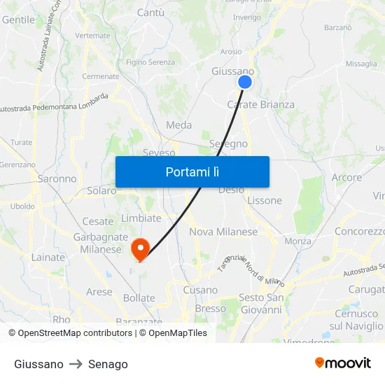 Giussano to Senago map
