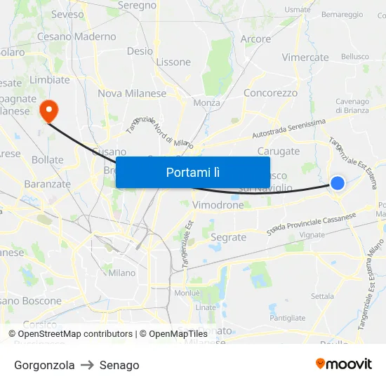 Gorgonzola to Senago map