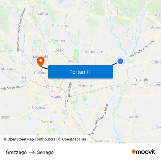 Grezzago to Senago map