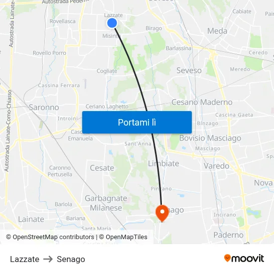 Lazzate to Senago map
