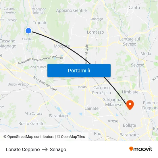 Lonate Ceppino to Senago map