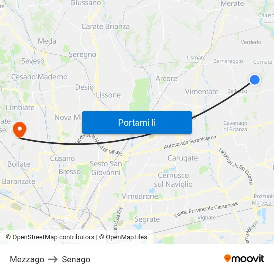 Mezzago to Senago map