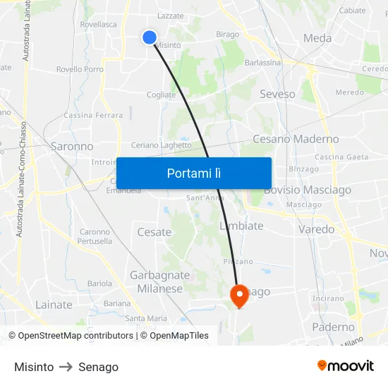 Misinto to Senago map