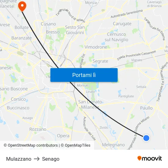 Mulazzano to Senago map