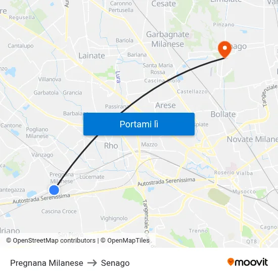 Pregnana Milanese to Senago map