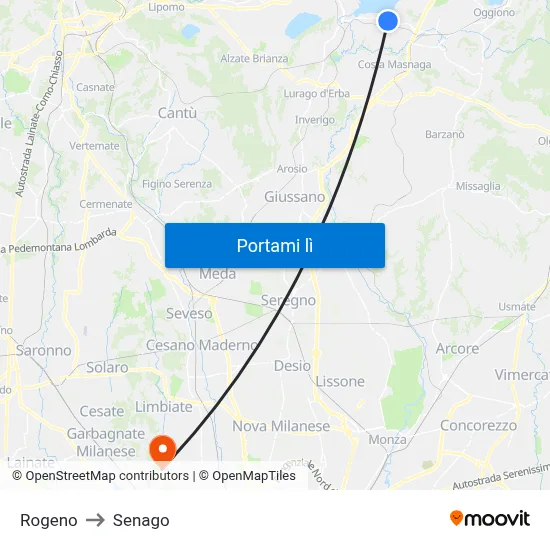 Rogeno to Senago map