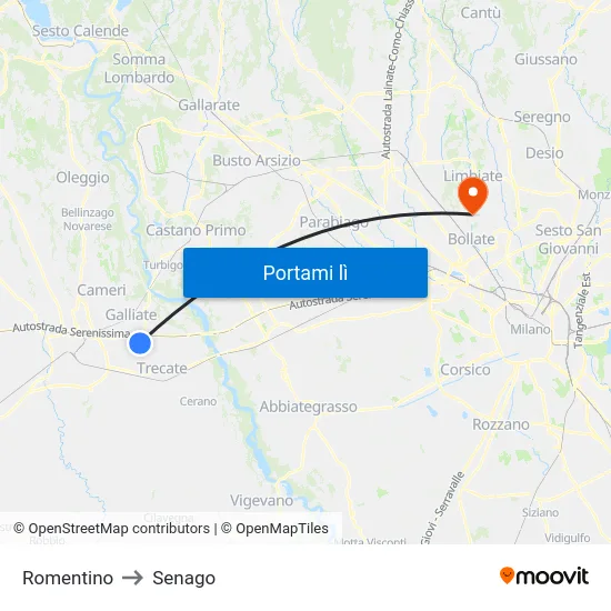 Romentino to Senago map