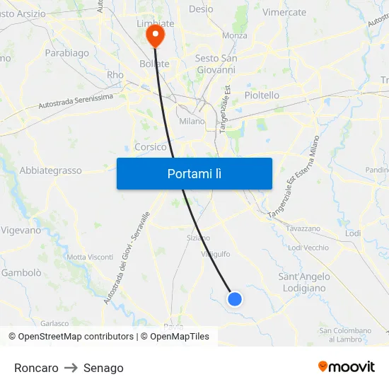 Roncaro to Senago map