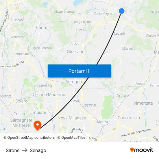 Sirone to Senago map